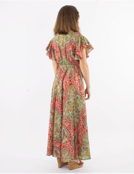 Long polyester dress with short sleeves and "magic dore" print