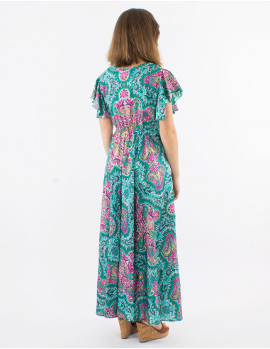 Long polyester dress with short sleeves and "magic dore" print