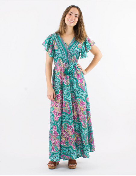 Long polyester dress with short sleeves and "magic dore" print