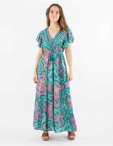 Long polyester dress with short sleeves and "magic dore" print