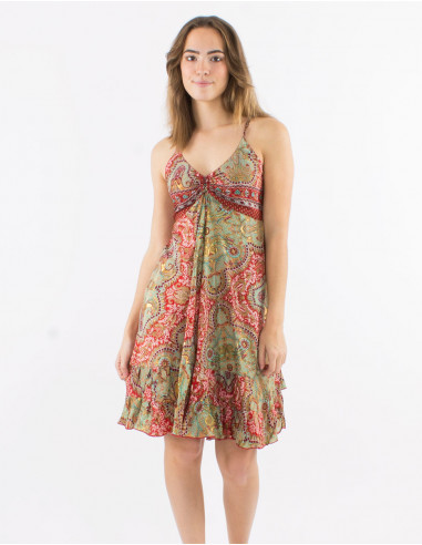 Short polyester dress with straps "and magic" dore print