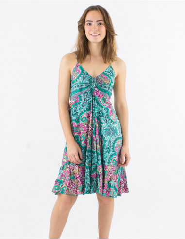 Short polyester dress with straps "and magic" dore print