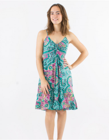 Short polyester dress with straps "and magic" dore print