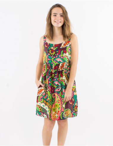 Short viscose dress with large straps and "antalya" print