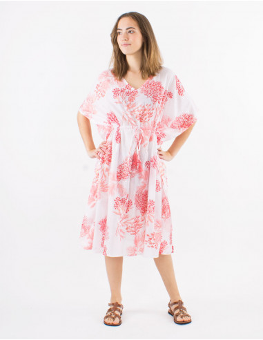 Cotton voile dress with "coral print and golden leaves"