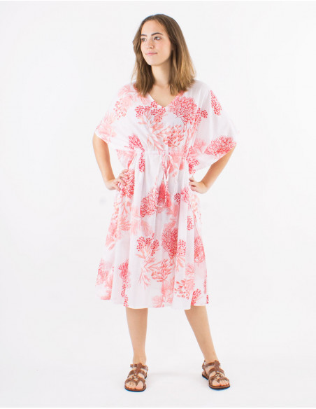 Cotton voile dress with "coral print and golden leaves"