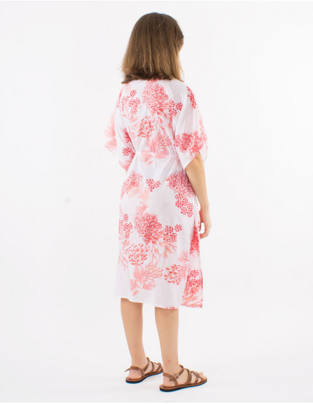 Cotton voile dress with "coral print and golden leaves"