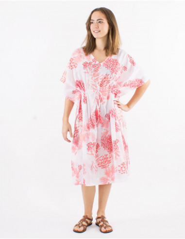 Cotton voile dress with "coral print and golden leaves"