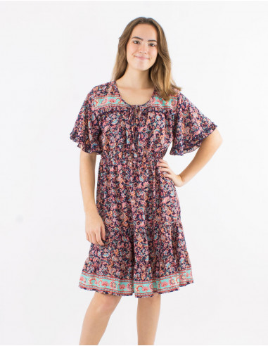 Polyester ruffled dress with short slleves and floral print