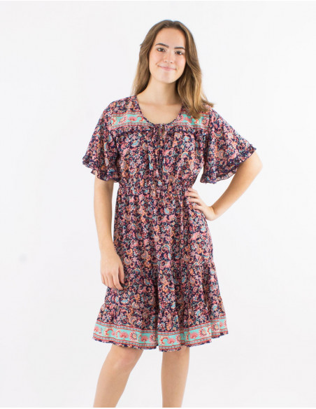 Polyester ruffled dress with short slleves and floral print