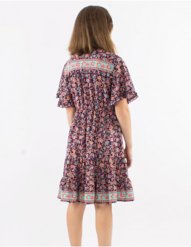 Polyester ruffled dress with short slleves and floral print