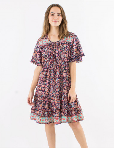 Polyester ruffled dress with short slleves and floral print