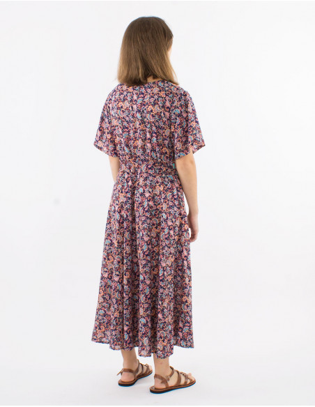 Polyester dress with short sleeves and "floral" print