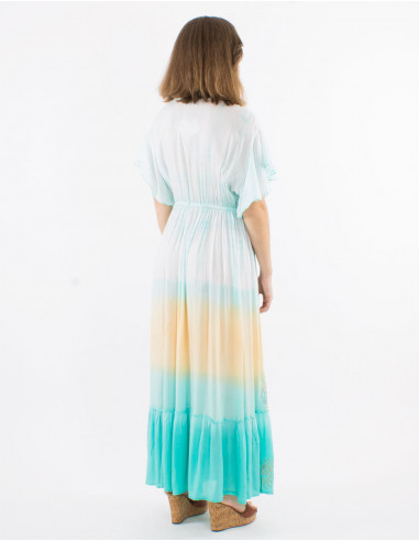 Long viscose tie and dye dress with short sleeves and v-neck
