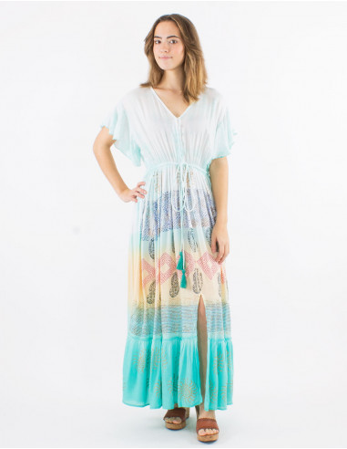 Long viscose tie and dye dress with short sleeves and v-neck