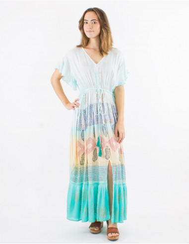 Robe longue viscose tie and dye manches courtes col V