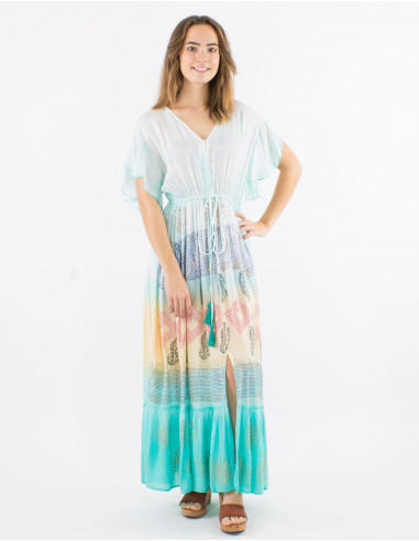 Long viscose tie and dye dress with short sleeves and v-neck