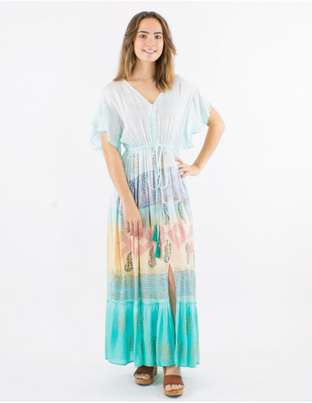 Long viscose tie and dye dress with short sleeves and v-neck