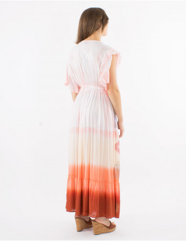 Long viscose tie and dye dress with short sleeves and v-neck