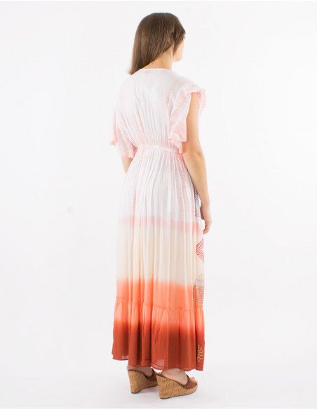 Long viscose tie and dye dress with short sleeves and v-neck