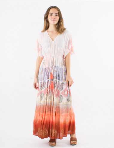 Robe longue viscose tie and dye manches courtes col V