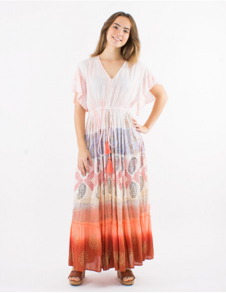 Long viscose tie and dye dress with short sleeves and v-neck