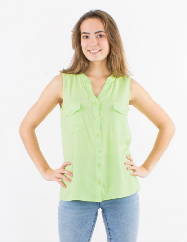 Chemisier viscose uni col mao boutonné sans manches