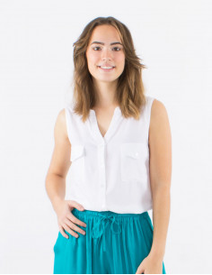 Chemisier viscose uni col mao boutonné sans manches 2