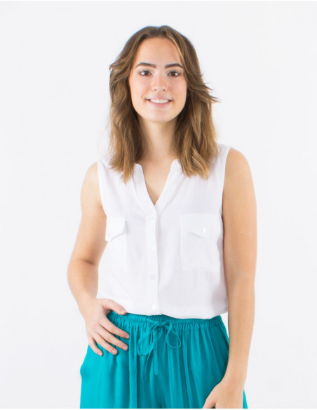 Chemisier viscose uni col mao boutonné sans manches
