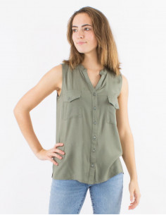 Chemisier viscose uni col mao boutonné sans manches 2