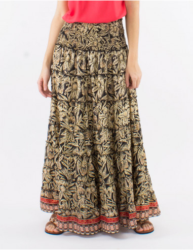 Long polyester ruffled skirt with elastic belt and "barka dore" print