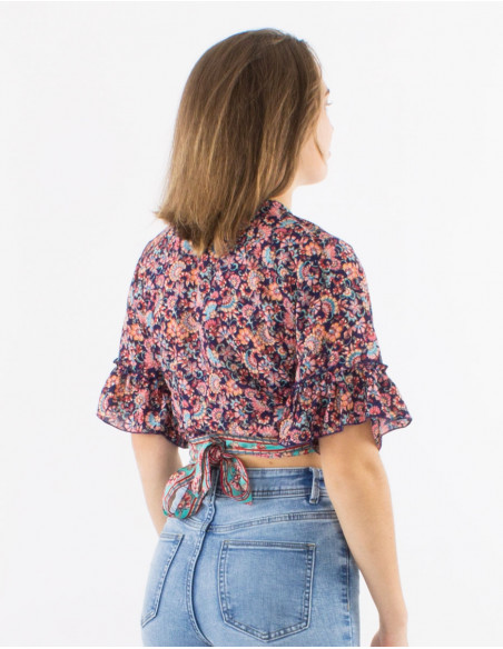 Polyester blouse with short sleeves and "floral" print
