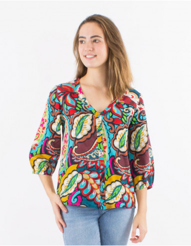 Viscose buttoned blouse with 3/4 sleeves and "antalya" print