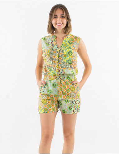 Short polyester sleeveless check pockets combo with "mozaique" print