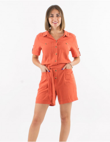 54% lin 46% viscose short jumpsuit with front pockets