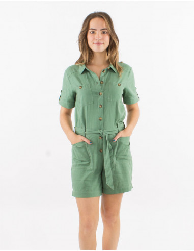 54% lin 46% viscose short jumpsuit with front pockets