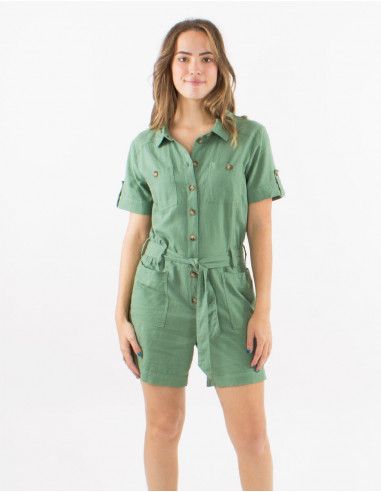 54% lin 46% viscose short jumpsuit with front pockets