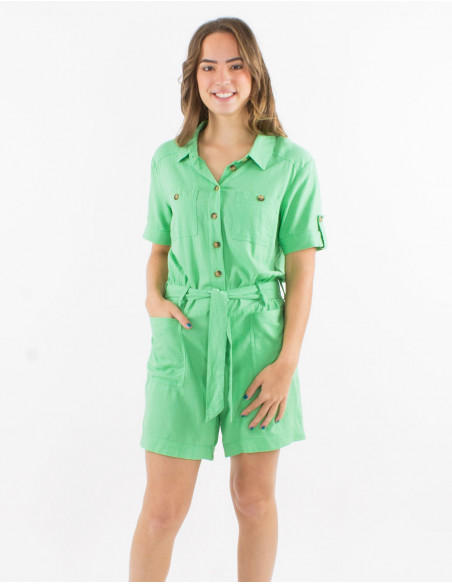 54% lin 46% viscose short jumpsuit with front pockets