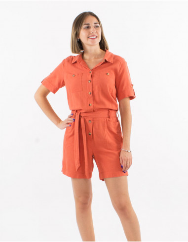 54% lin 46% viscose short jumpsuit with front pockets