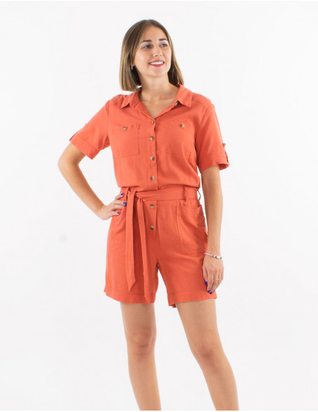 54% lin 46% viscose short jumpsuit with front pockets