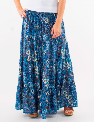 Long polyester skirt with smcoked belt and "boheme argente" print