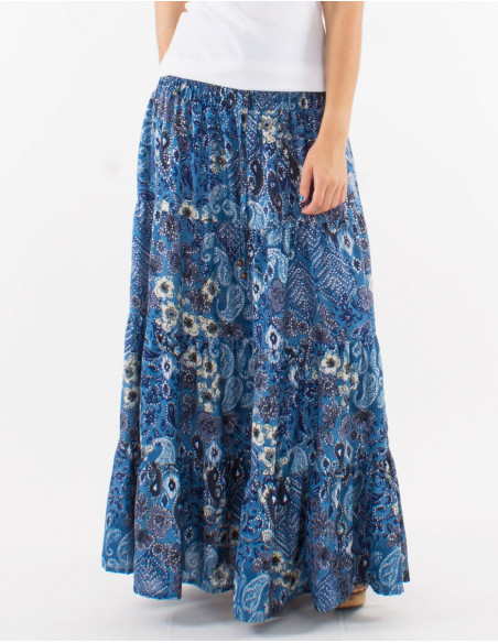 Long polyester skirt with smcoked belt and "boheme argente" print