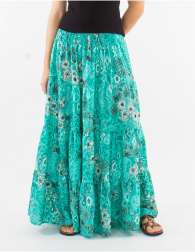 Long polyester skirt with smcoked belt and "boheme argente" print