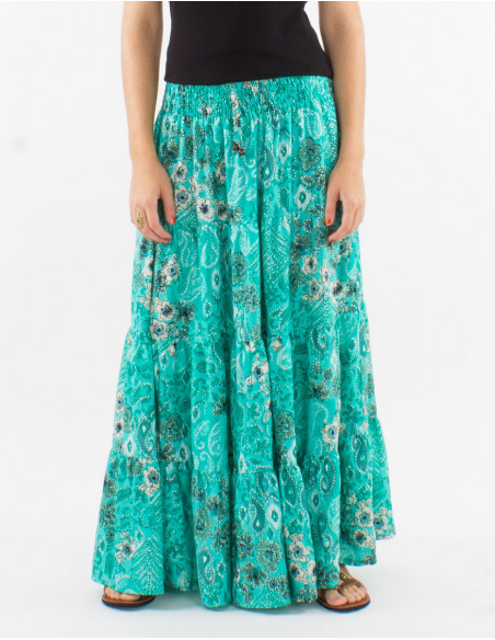 Long polyester skirt with smcoked belt and "boheme argente" print