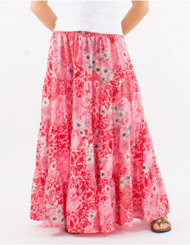 Long polyester skirt with smcoked belt and "boheme argente" print