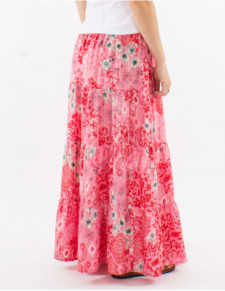 Long polyester skirt with smcoked belt and "boheme argente" print