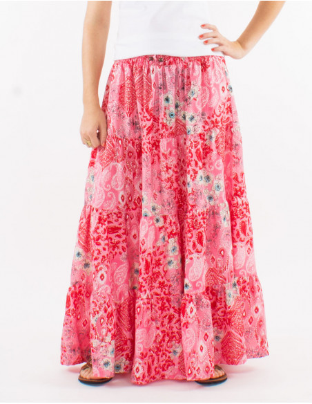 Long polyester skirt with smcoked belt and "boheme argente" print