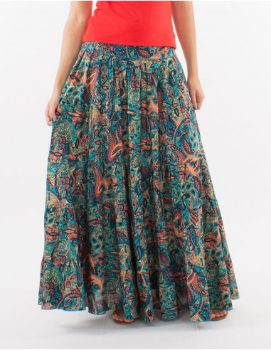 Long polyester ruffled skirt and "road dore" print