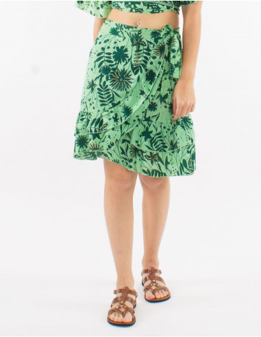 Short polyester wrap-around skirt and "aster dore" print