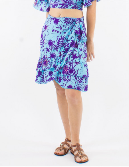 Jupe courte polyester portefeuille imprimé Aster doré